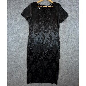 Vintage Dawn Joy Fashions Midi Dress Womens Black Rayon Floral Jacquard Retro